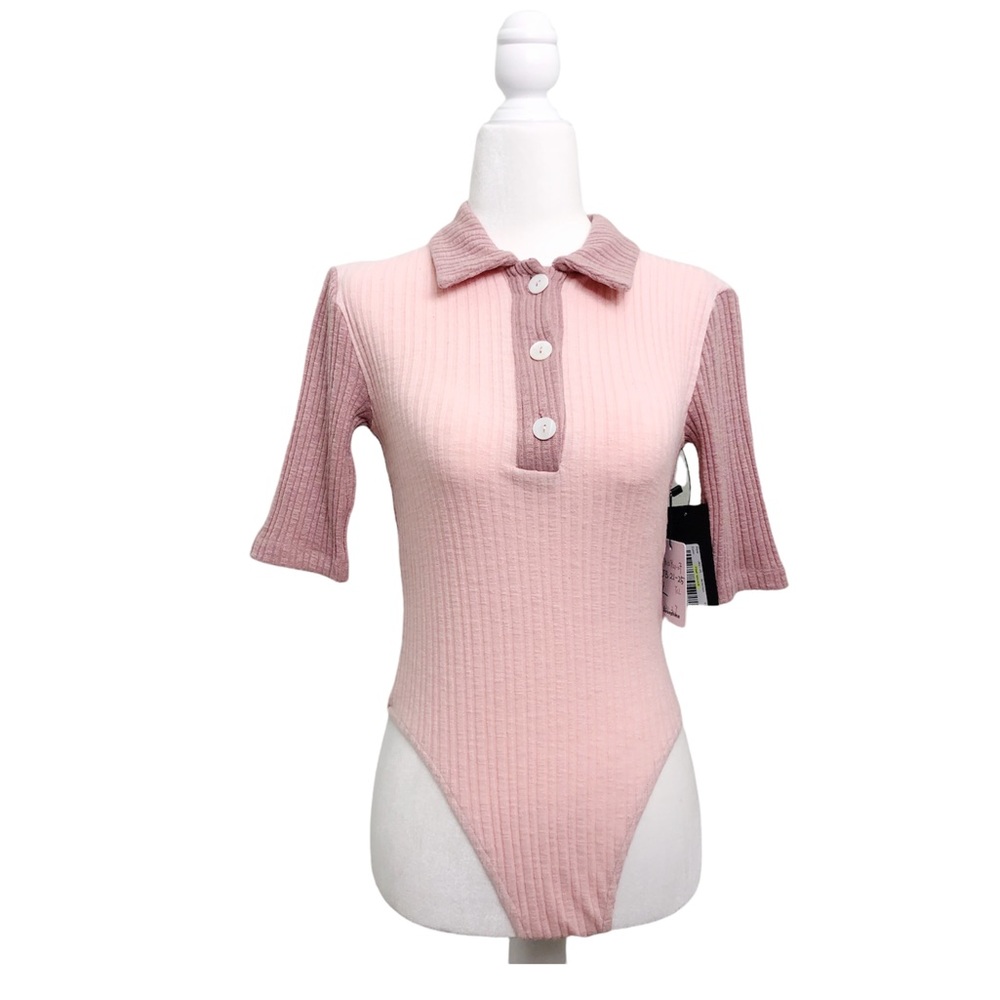 Olivaceous Ribbed Short Sleeve Bodysuit Colorblock Minimalist Pastel Pink Mauve